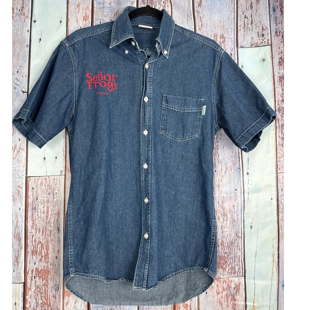 Senor Frogs Cancun Denim Shirt Mens Medium‎ Blue Short Sleeve No Rules Vintage